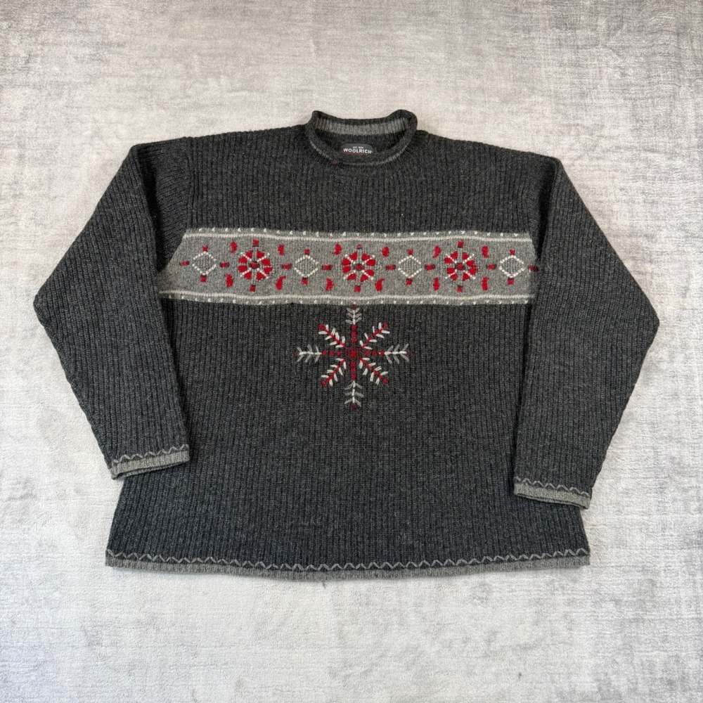 Woolrich Sweater Womens XL Grey Rollneck Wool Snowflake Fair Isle Ribbed Knit